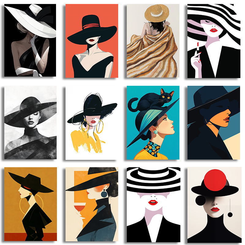 Women'S Fashion Hats - 1pc フレームレスキャンバスファッション美容帽子をかぶった女性、黒と白のポスタープリント壁幾何学模様リビングルームホーム Cuadros