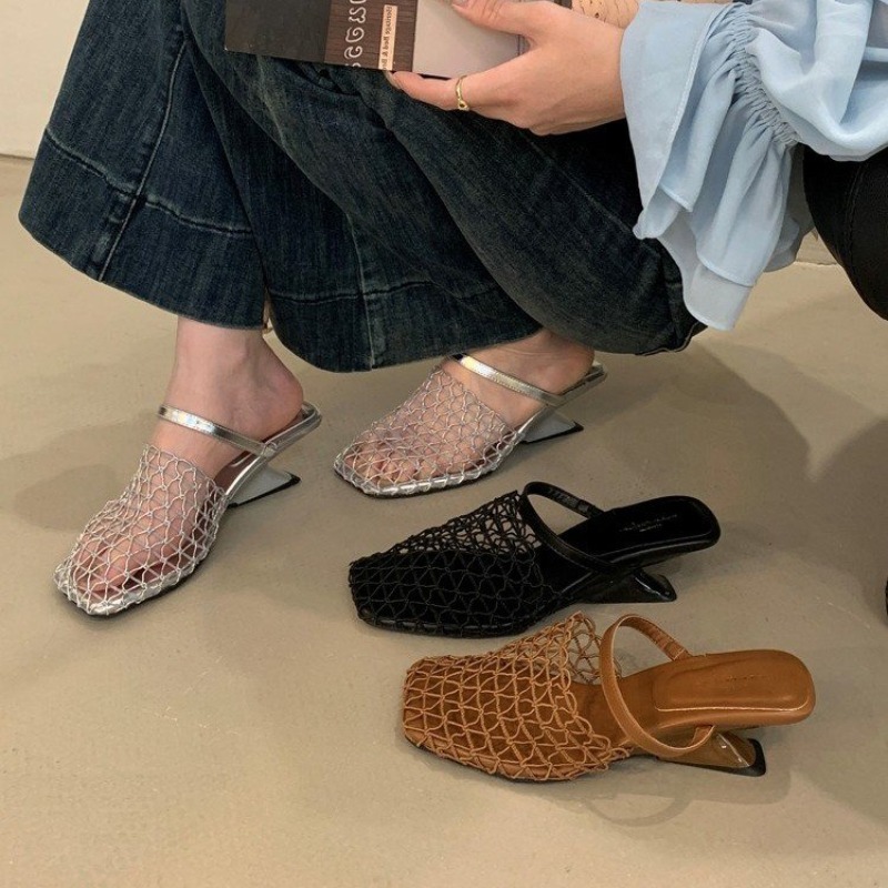 Women'S Fashion Trends Summer 2025 - 織りメッシュ女性ハイヒールサンダル中空ハイヒールの靴女性スクエアトゥスリングバックサンダル 2025 夏のトレンドビーチパンプス