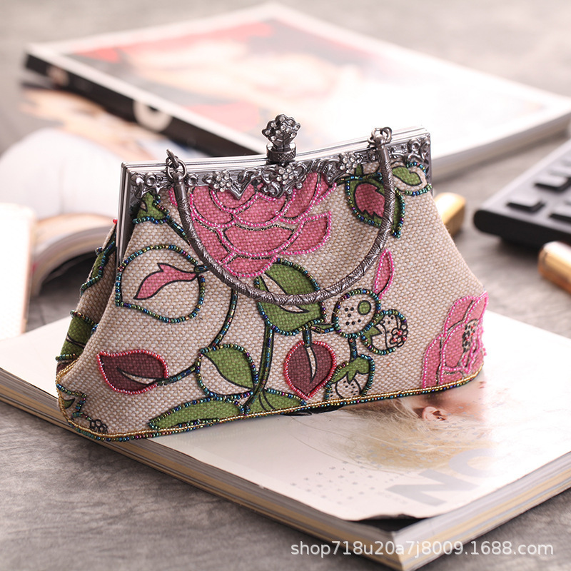 Women'S Fashion Boutique - ブティック中国風刺繍花柄女性用ビーズ付きイブニングバッグブライダルフラワークラッチバッグウェディングパーティーフレームハンドバッグ