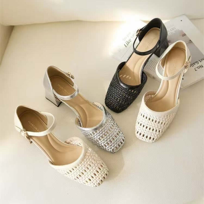 Women'S Fashion Brand Shoes - 女性用ファッション織り込み中空チャンキーヒールサンダル、快適なラウンドトゥバックル、夏用ヒール、エレガントなオフィスブランドフォーマルシューズパンプス