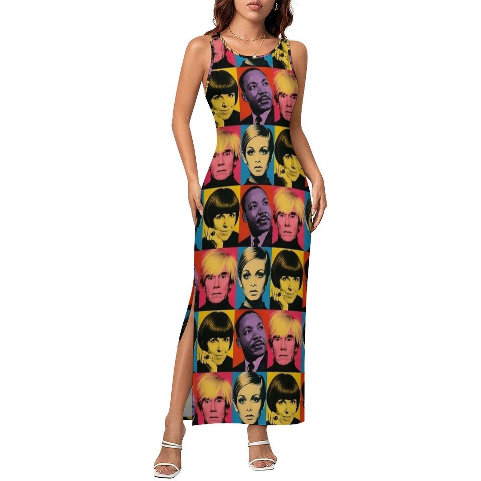 Women'S Fashion In The 1960S - 1960年代のレトロプリントボディコンドレスの顔面化されたデザイン、夏のスリムでセクシーなマキシドレス、女性用ノースリーブグラフィックストリートファッションドレス