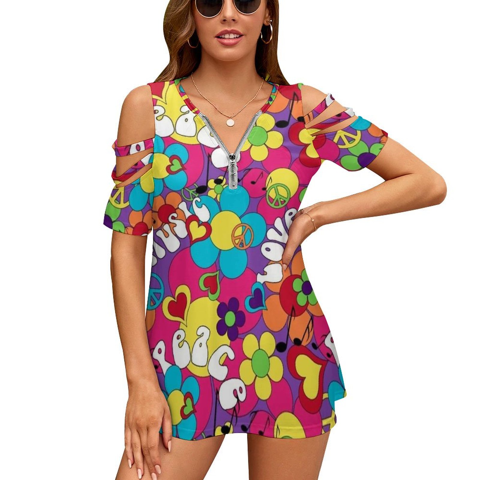 Women'S Fashion In The 1960S - 女性用半袖ヒッピーシャツ,サイケデリックなヒッピーカラー,裸の肩のトップ,花の音符,新しいファッション,1960