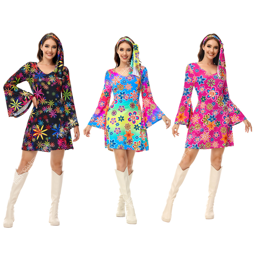 Women'S Fashion From The 70S - 女性のためのディスコドレス、カラフルなプリント、ハロウィーンの衣装、ヒッピーの衣装、パーティードレス、プラスサイズXS-3XL