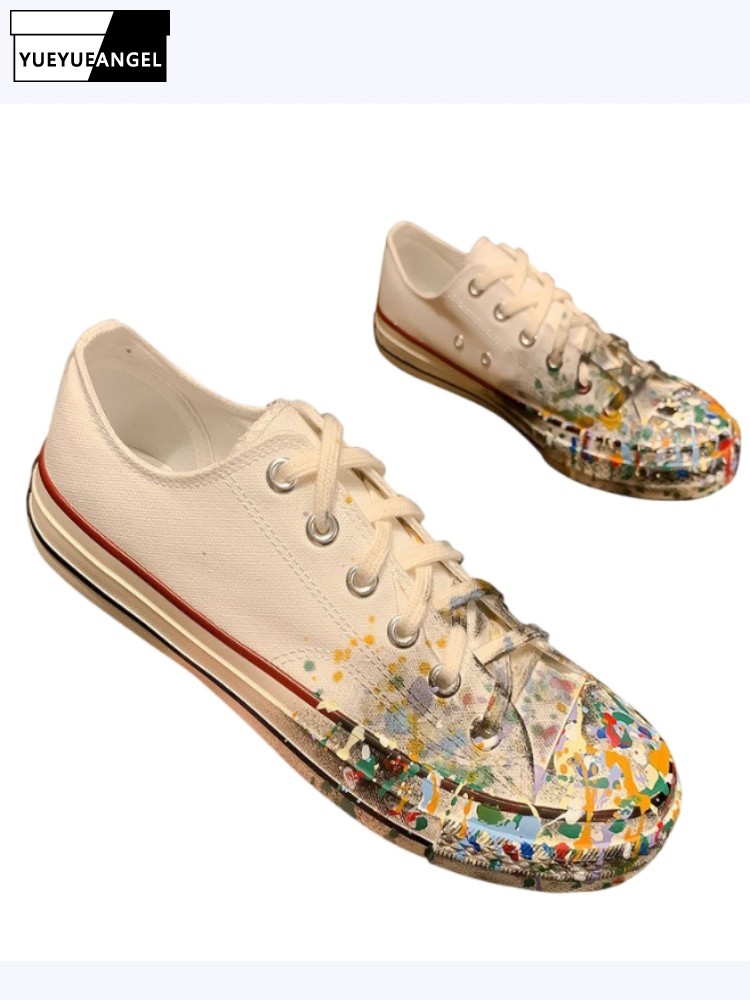 Women'S Fashion Footwear - レディース春の新作レースアップペイントローヒールパンプスファッションホワイトキャンバスシューズワークレディースローカットカジュアルシューズレトロフットウェア