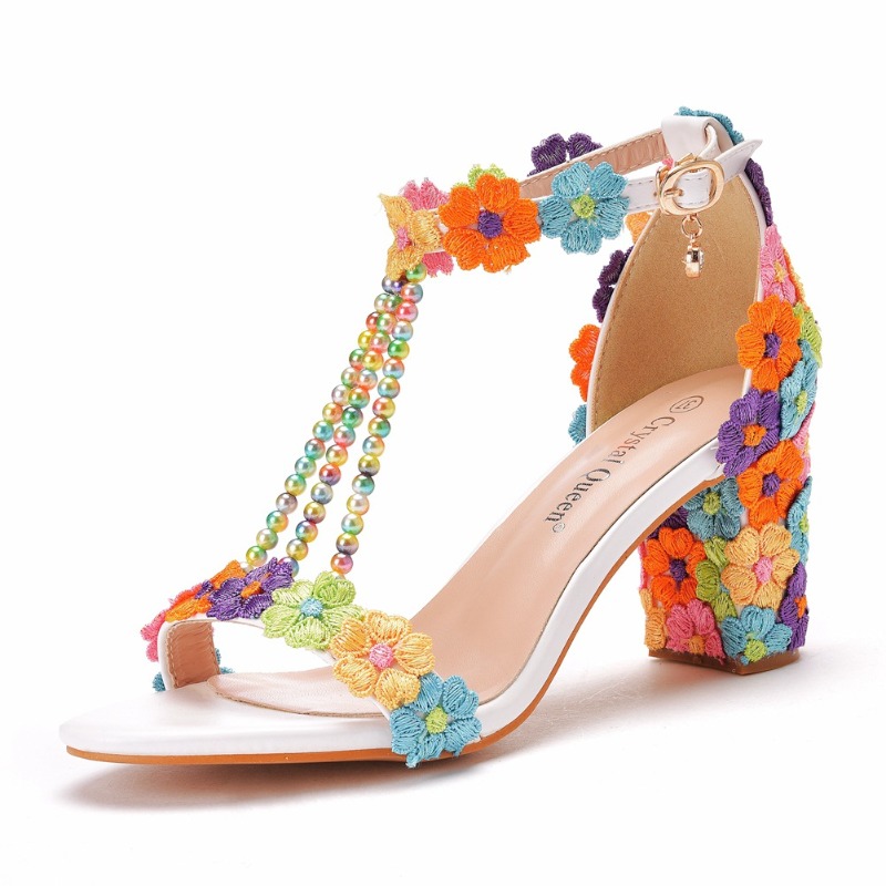 Women'S Fashion Brand Shoes - 2026年新作ブランド レディース 7cm浅口ハイヒールサンダル ホワイトレース ビーズ付き ブライダルウェディングシューズ