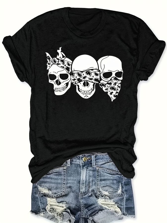 Women'S Fashion Trends Summer 2025 - ハッピーカートゥーンスカルTシャツ、ルーズフィット、ラウンドネック、半袖、女性用ファッショナブルなトップス、ファシ向けのトレンディなストリートウェアスタイル