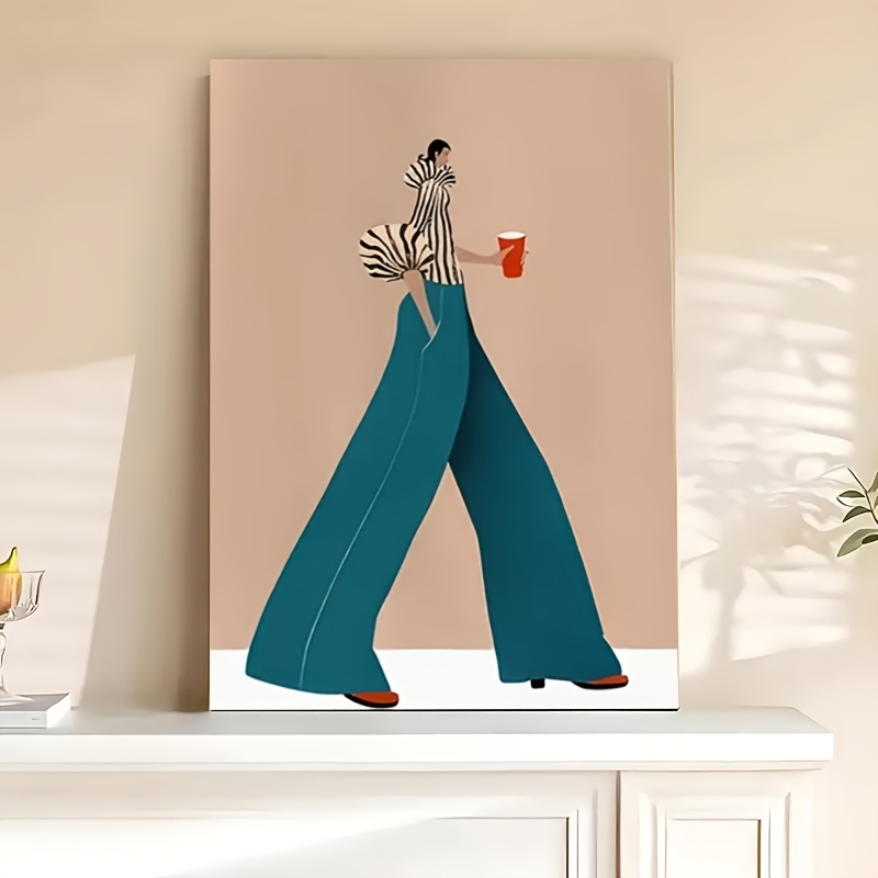 Women Fashion Drawing - ファッショナブルなブルーパンツ女性ポスタープリント現代超現実的な抽象キャンバス絵画壁アート画像リビングルームの家の装飾