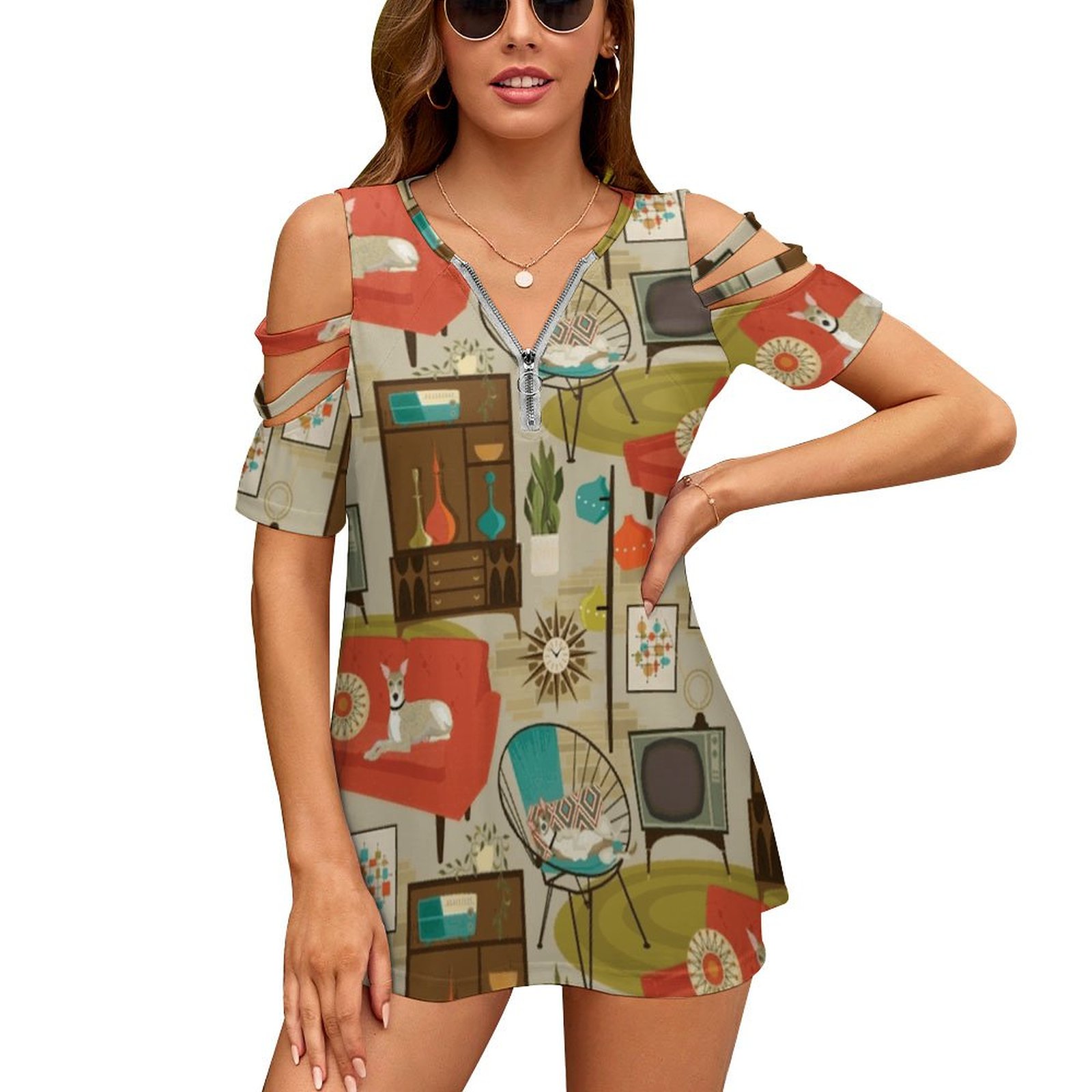 女性用Vネックジッパー付きフローラルTシャツ,女性用プリント - Women'S Fashion In The 1960S のレビューと価格
