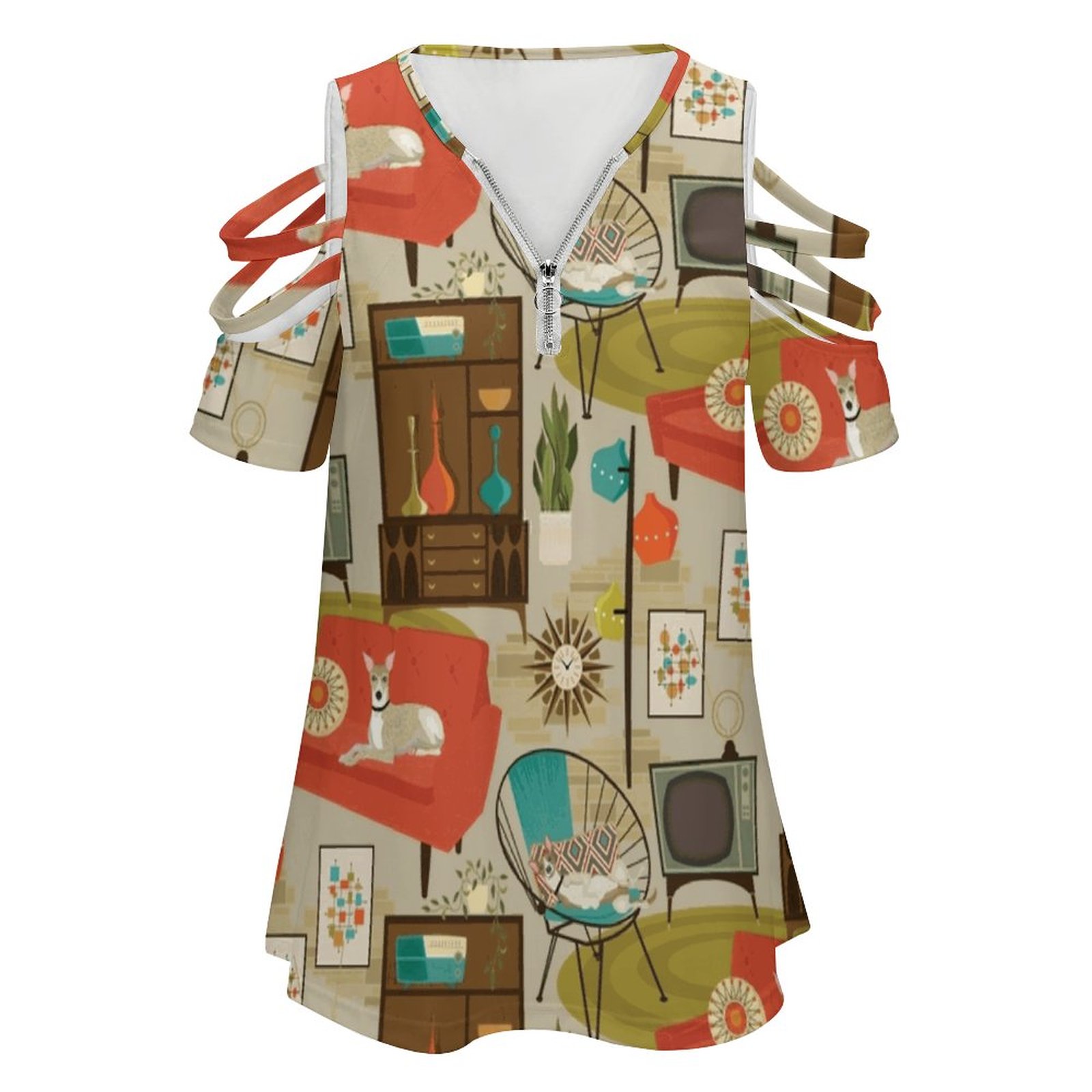女性用Vネックジッパー付きフローラルTシャツ,女性用プリント - Women'S Fashion In The 1960S のレビューと価格