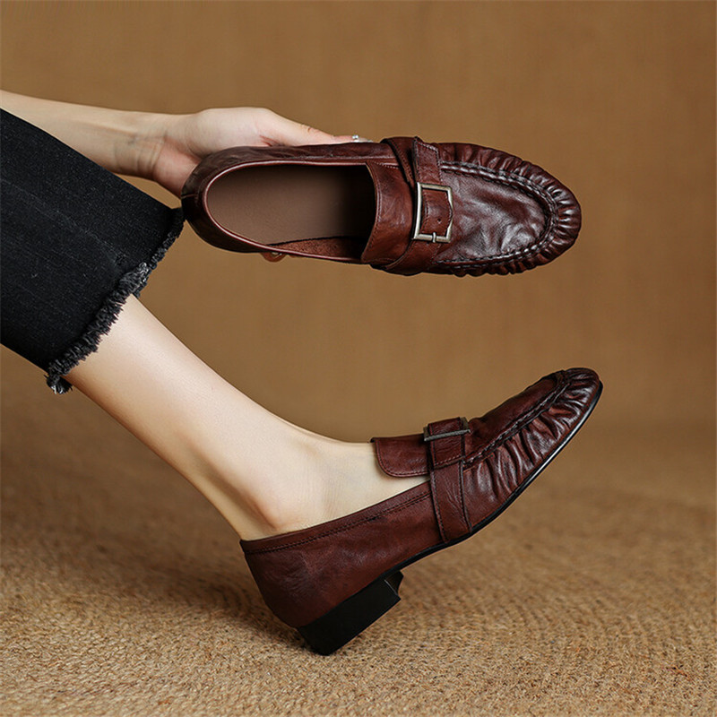 女性用本革モカシン,丸いつま先の靴,プリーツパンプス,厚手の - Women'S Fashion Footwear のレビューと価格
