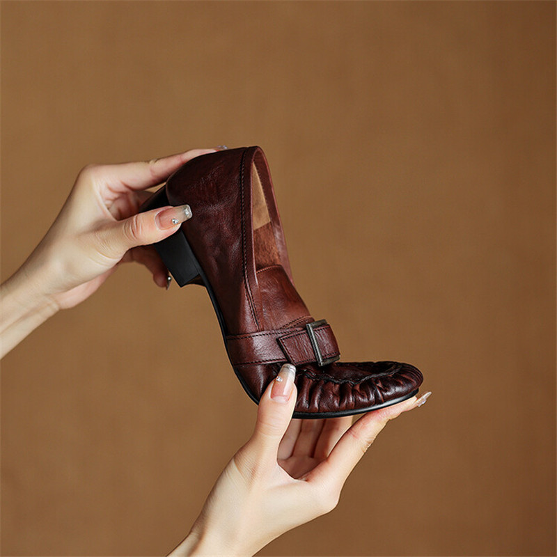 女性用本革モカシン,丸いつま先の靴,プリーツパンプス,厚手の - Women'S Fashion Footwear のレビューと価格