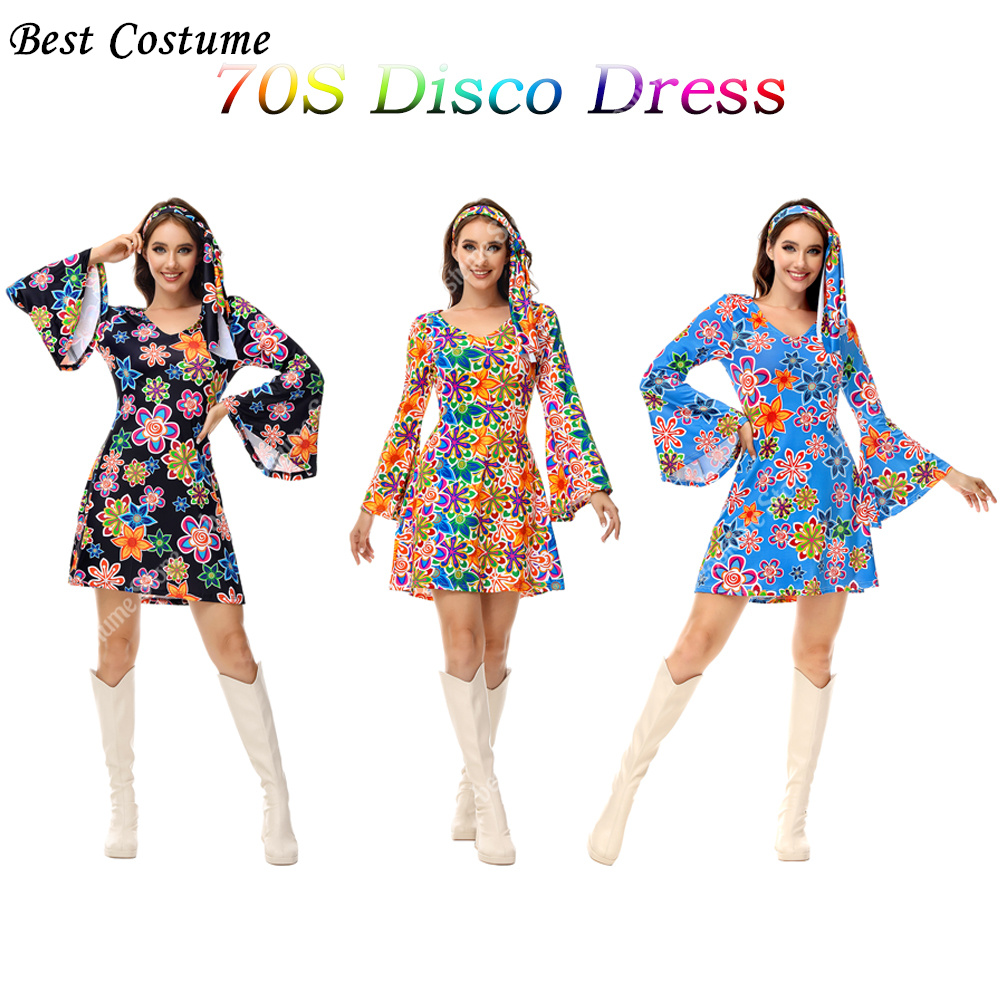 女性のためのディスコドレス、カラフルなプリント、ハロウィーン - Women'S Fashion From The 70S のレビューと価格