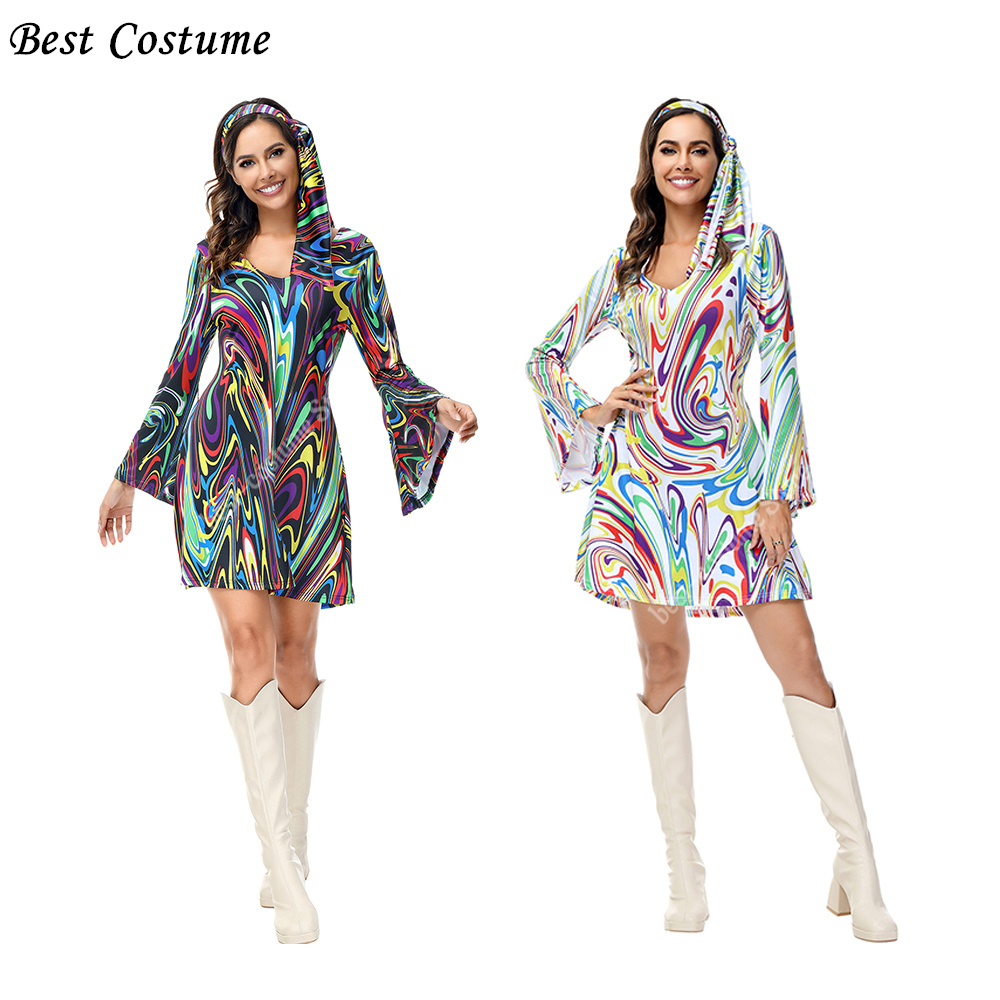 女性のためのディスコドレス、カラフルなプリント、ハロウィーン - Women'S Fashion From The 70S のレビューと価格