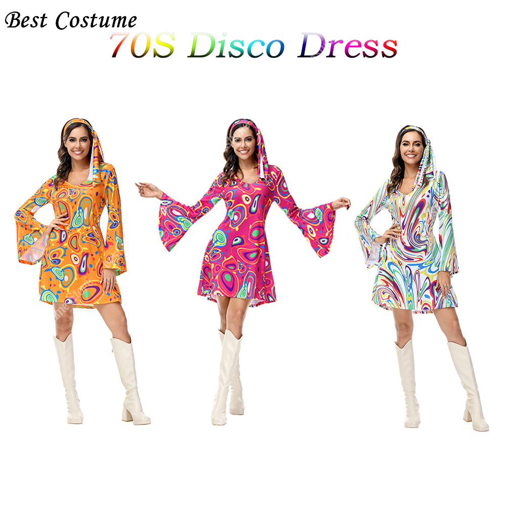 女性のためのディスコドレス、カラフルなプリント、ハロウィーン - Women'S Fashion From The 70S のレビューと価格