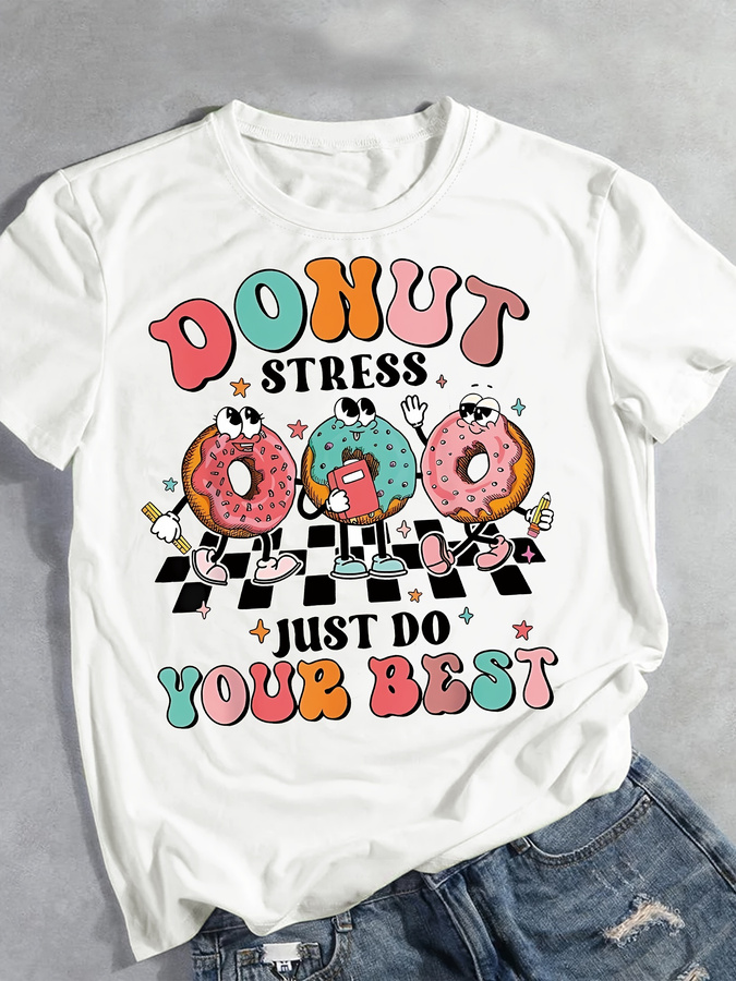 漫画ドーナツプリントTシャツ、夏と春用の半袖クルーネックカジ - Women'S Fashion Trends Summer 2025 のレビューと価格