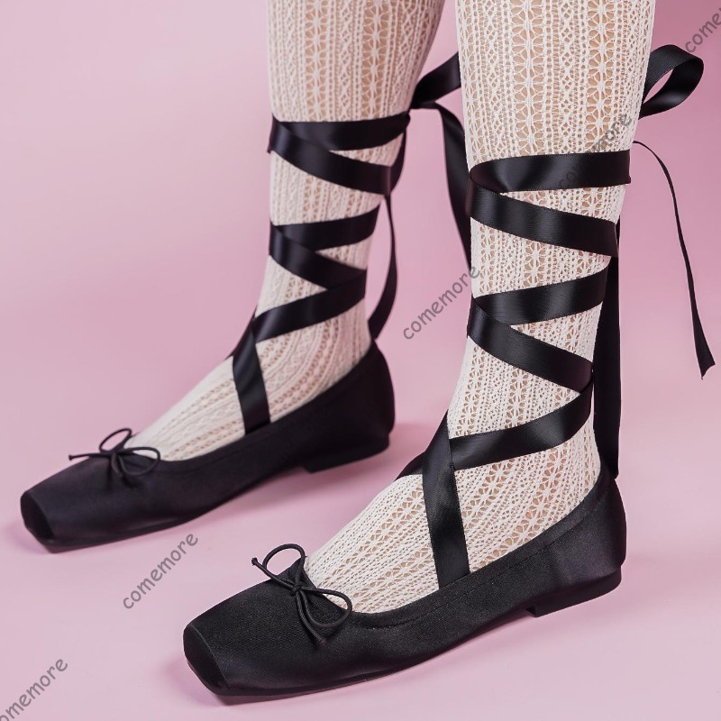 レディースサテンリボンタイバレエシューズスクエアトゥアンクル - Women'S Fashion Footwear のレビューと価格