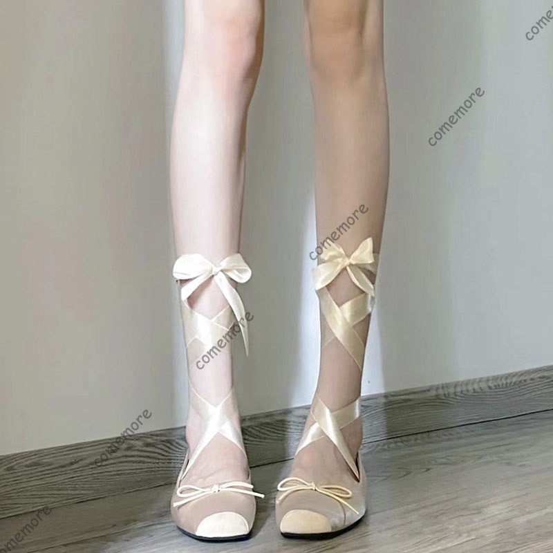 レディースサテンリボンタイバレエシューズスクエアトゥアンクル - Women'S Fashion Footwear のレビューと価格