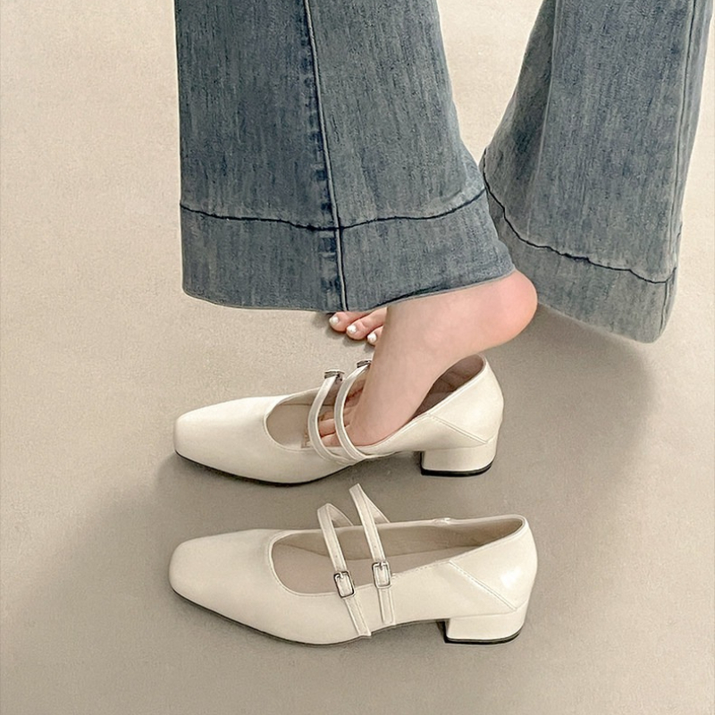 スクエアトゥローヒール女性銀色メリージェーンシューズファッシ - Women'S Fashion Footwear のレビューと価格