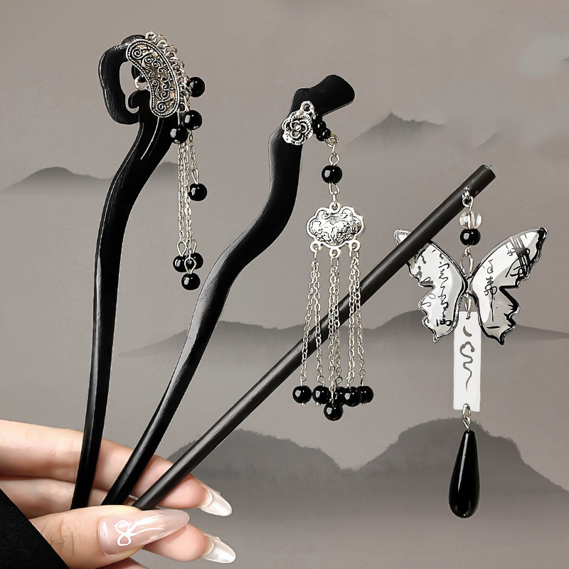 1pc 中国古代スタイル水墨画木製ヘアピンハイエンドタッセル - Women Fashion Drawing のレビューと価格