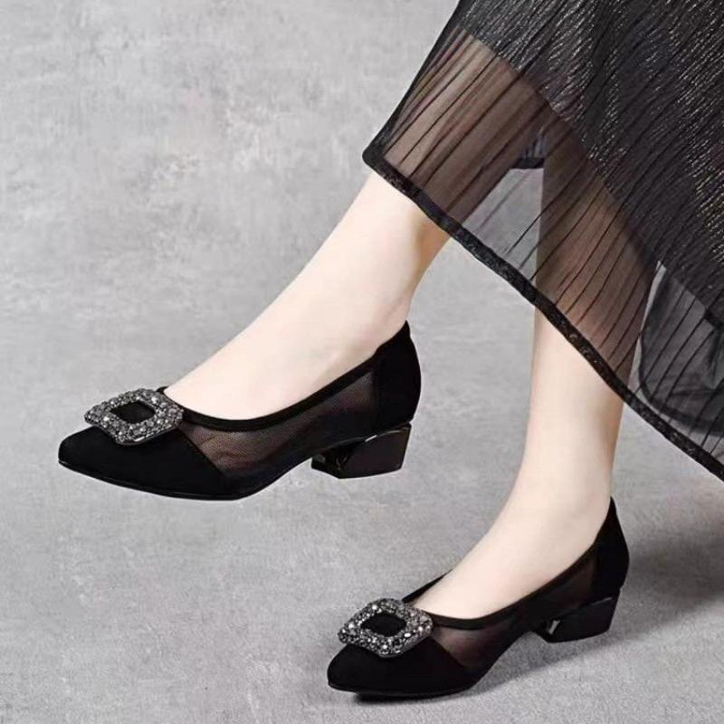 エレガントなポインテッドトゥメッシュブロックヒールパンプス、 - Women'S Fashion Footwear のレビューと価格