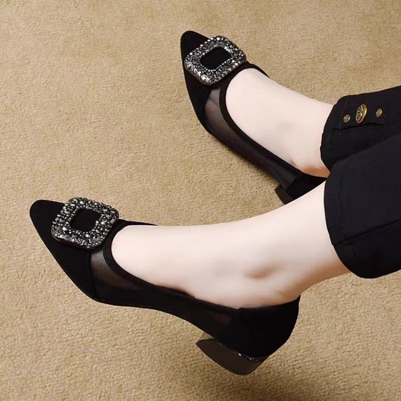 エレガントなポインテッドトゥメッシュブロックヒールパンプス、 - Women'S Fashion Footwear のレビューと価格